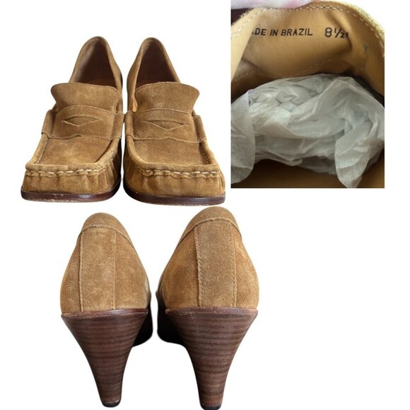 Y2K VINTAGE MICHAEL KORS TAN SUEDE THICK STITCH PENNY LOAFER WEDGE HEELS 8.5 - Picture 4 of 5